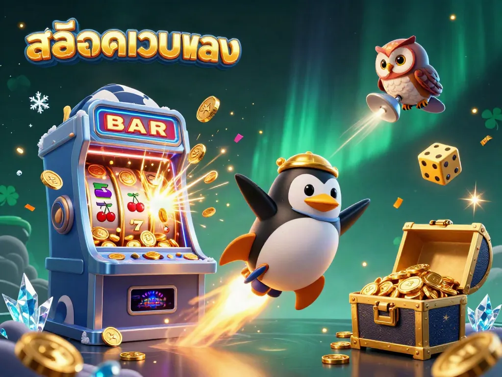 Spin and win with สล็อตเว็บตรง as a golden penguin jet packs to a vibrant casino space station.