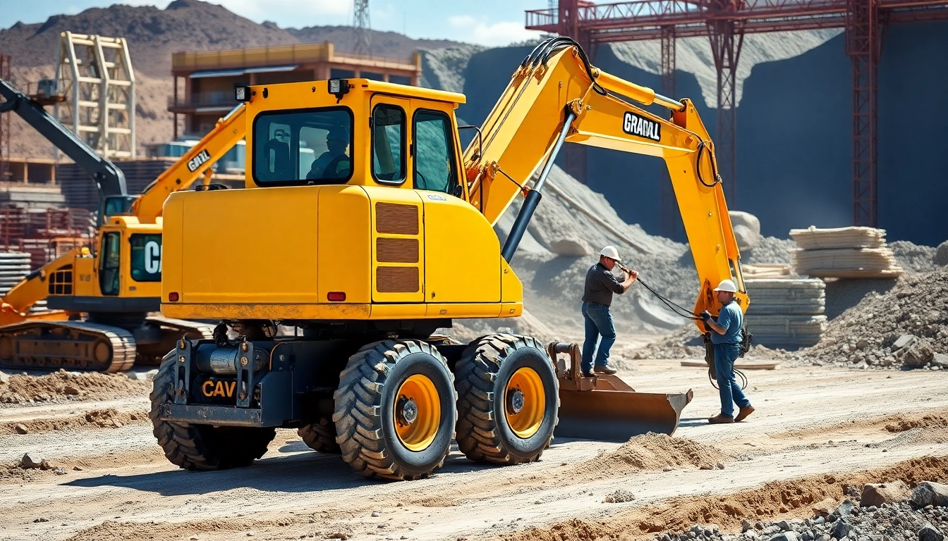 Operating a Gradall excavator in action at a construction site with workers collaborating.