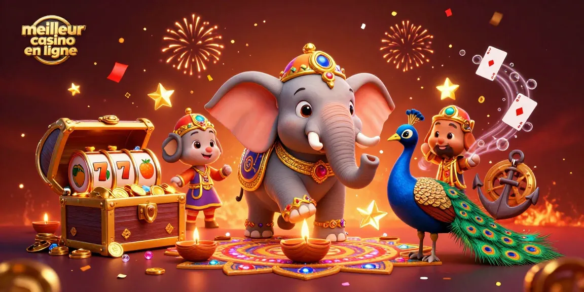 Jouez au meilleur casino en ligne avec une illustration colorée de l'éléphant et des éléments de jeu