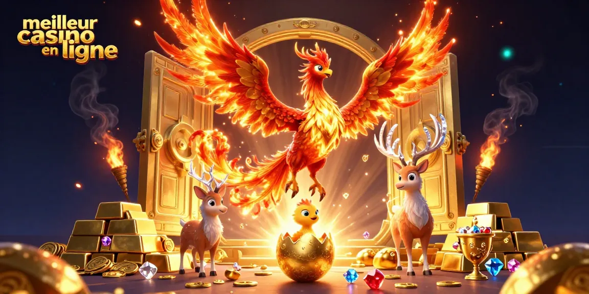 Jouez au meilleur casino en ligne avec des symboles de richesse et de magie révélés par des phénix enflammés.