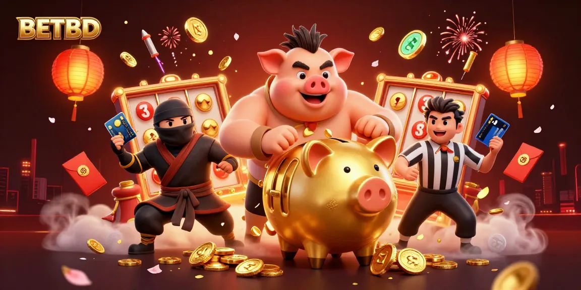 Experience the excitement of BETBD with a vibrant 3D illustration of a golden piggy bank sumo wrestler celebrating a jackpot.