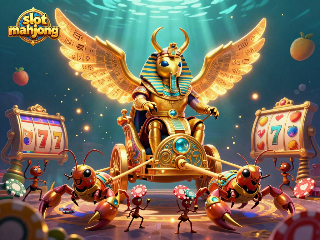 Experience slot mahjong excitement with a colossal scarab beetle and scorpions amidst vibrant casino elements.