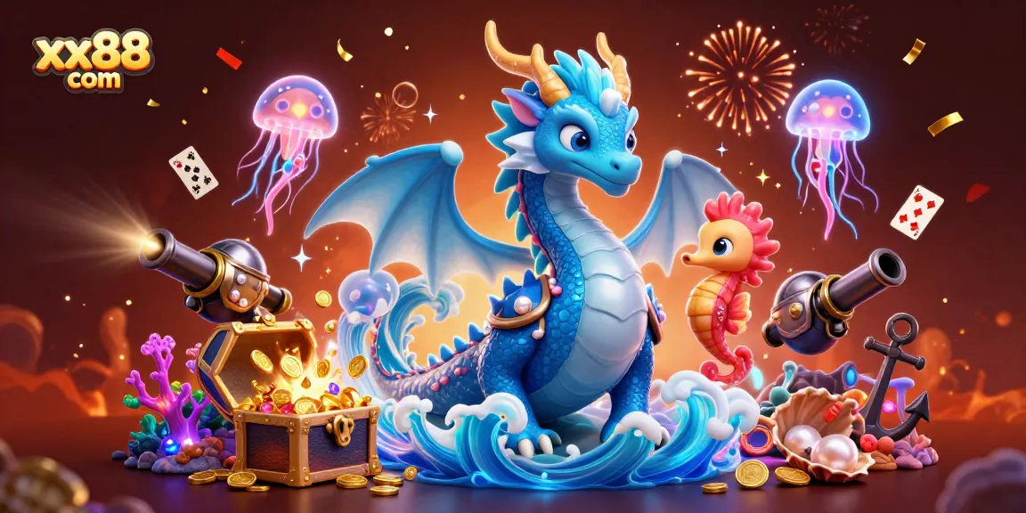 Engage with xx88 com's unique gaming world featuring a dragon, seahorse knight, and vibrant casino elements.