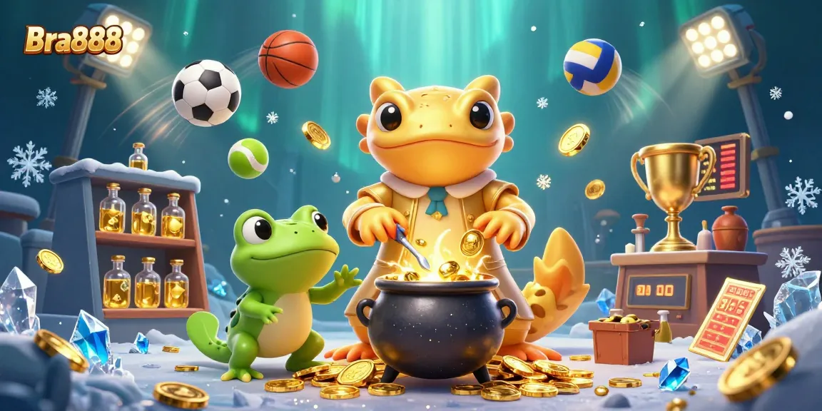 Bettors enjoy Bra888's vibrant sports betting experience illustrated with dynamic elements and gold coins in action.