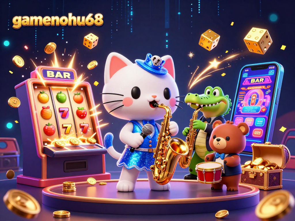 Engage in thrilling jackpots with gamenohu68 featuring a vibrant casino scene of lively characters.