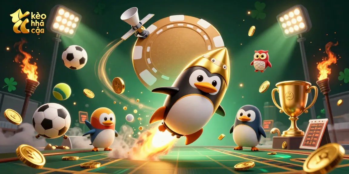 Bet on kèo nhà cái while witnessing a golden penguin racing towards a casino chip station amidst flying sports elements.