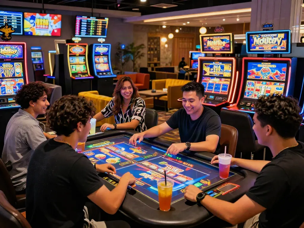 Friends enjoying slot gacor games at a lively casino table.