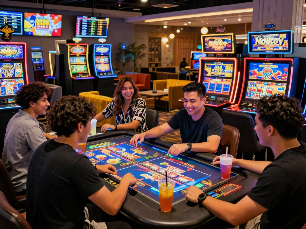 Friends enjoying slot gacor games at a lively casino table.