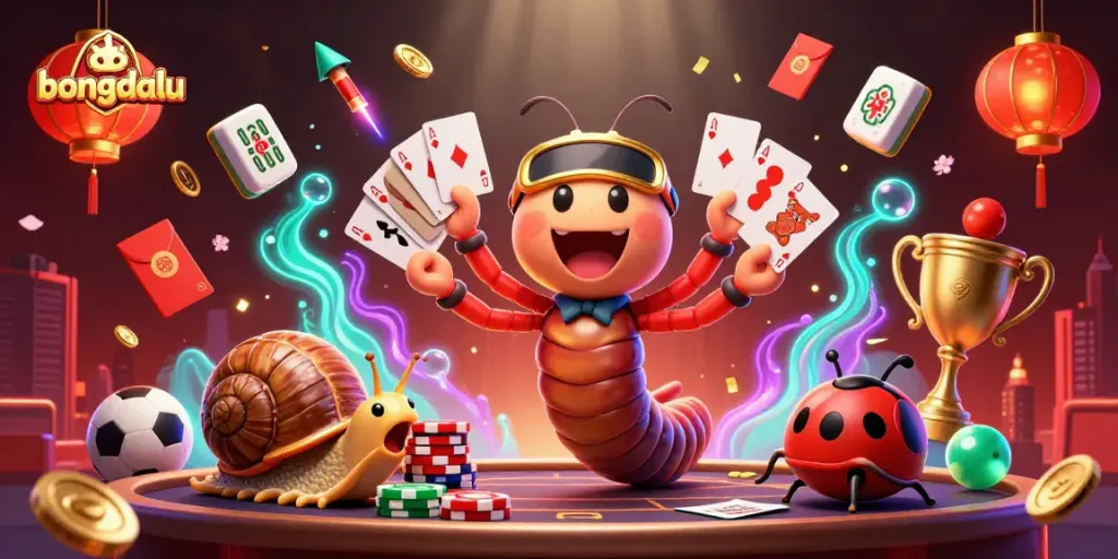 Bongdalu engages users with dynamic sports betting scenes, featuring a millipede dealer with cards and a snail high-roller.