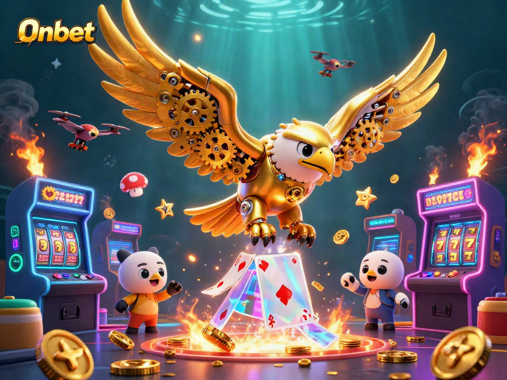 Engage with Onbet's thrilling platform featuring cybernetic eagle and vibrant game elements.