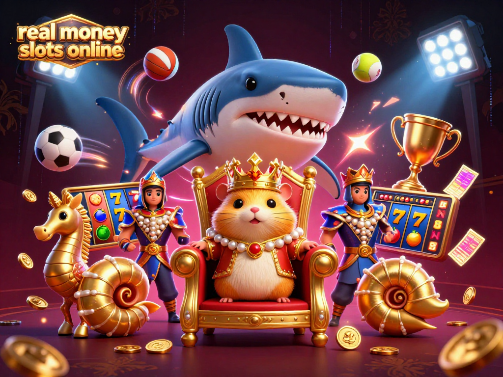 Engage with real money slots online featuring a fierce hamster king and dynamic slot elements in a vibrant casino scene.