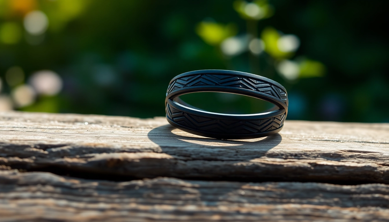 Presenting a stylish black wedding ring for men with unique design and matte finish.
