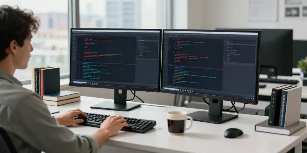 Developer generating AI written text in a modern office workspace