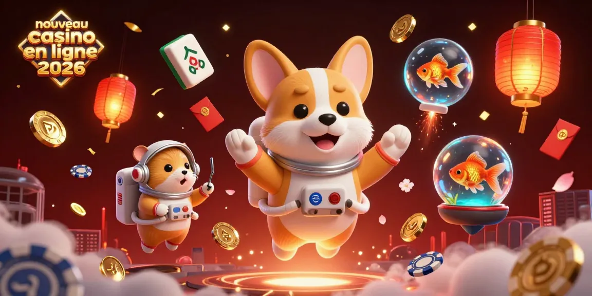Illustration dynamique sur le thème du nouveau casino en ligne 2026, avec un corgi astronaute flottant dans un casino spatial et des éléments de jeu captivants.