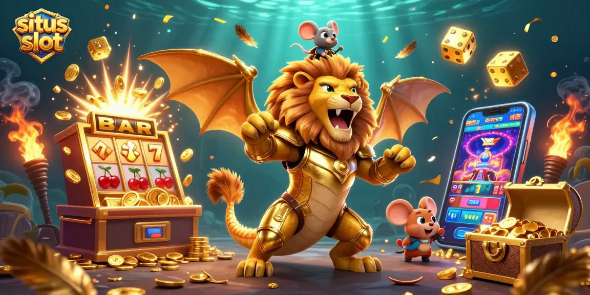 Menangkan jackpot situs slot dalam ilustrasi 3D yang penuh warna dengan karakter ikonik dan elemen kasino.
