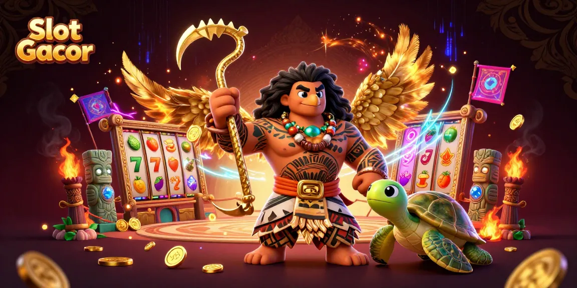 Gali potensi menang Slot Gacor dalam ilustrasi si demigod Maori dan kura-kura menggemaskan.
