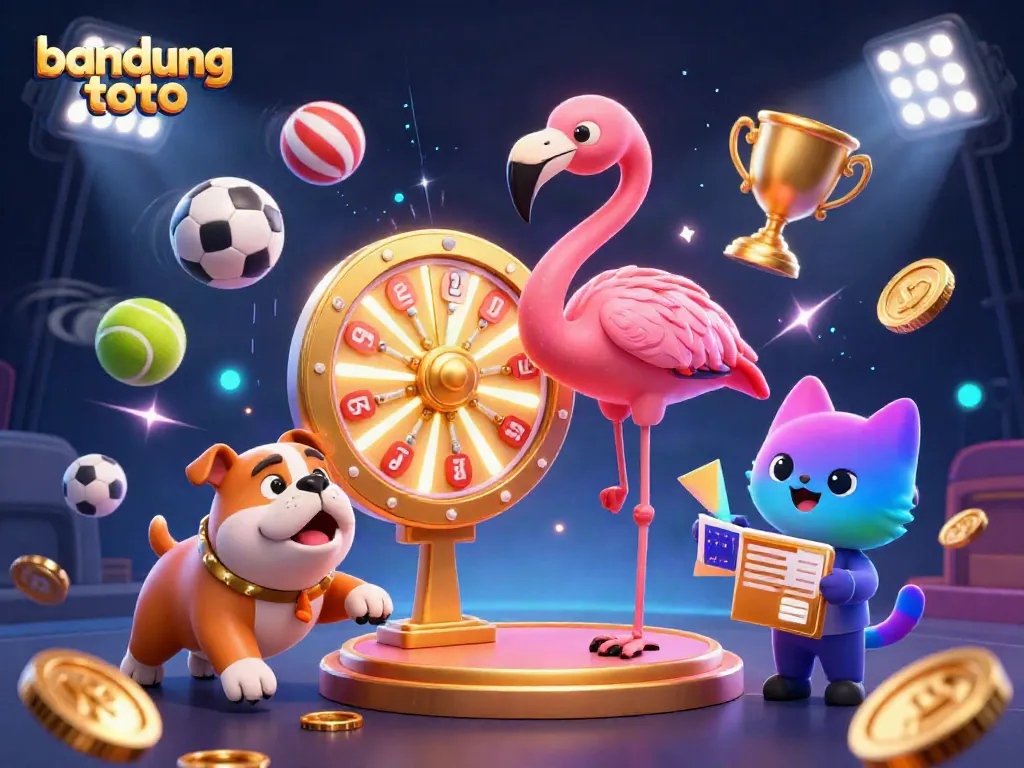 Engaging scene of a bandung toto game show with a flamingo host, excited bulldog contestant, and scoreboard cat assistant.
