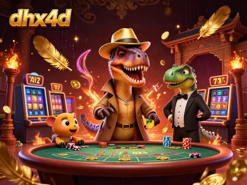 Gambarkan dhx4d dengan velosiraptor dan stegosaurus di meja blackjack, dikelilingi elemen kasino.