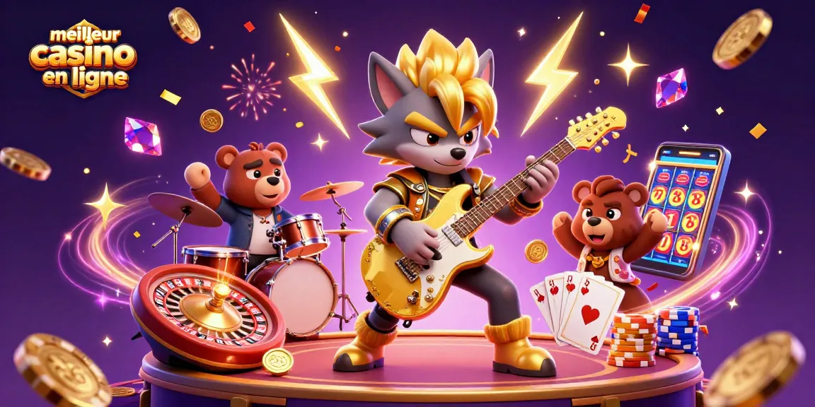 Illustre le meilleur casino en ligne avec un loup rock star jouant de la guitare sur scène, des jeux et des décorations éblouissantes.
