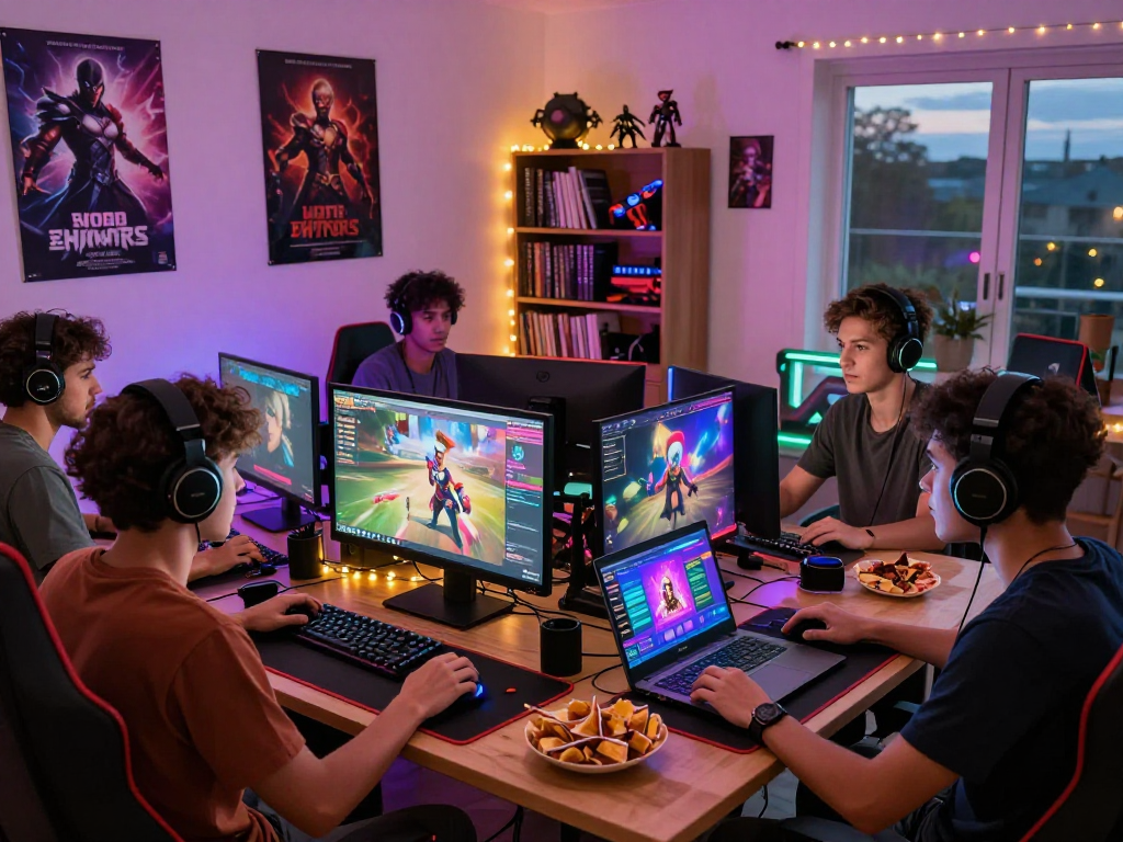 Engaged friends playing a porn game together at a colorful gaming setup, showcasing vibrant game screens and an inviting atmosphere.