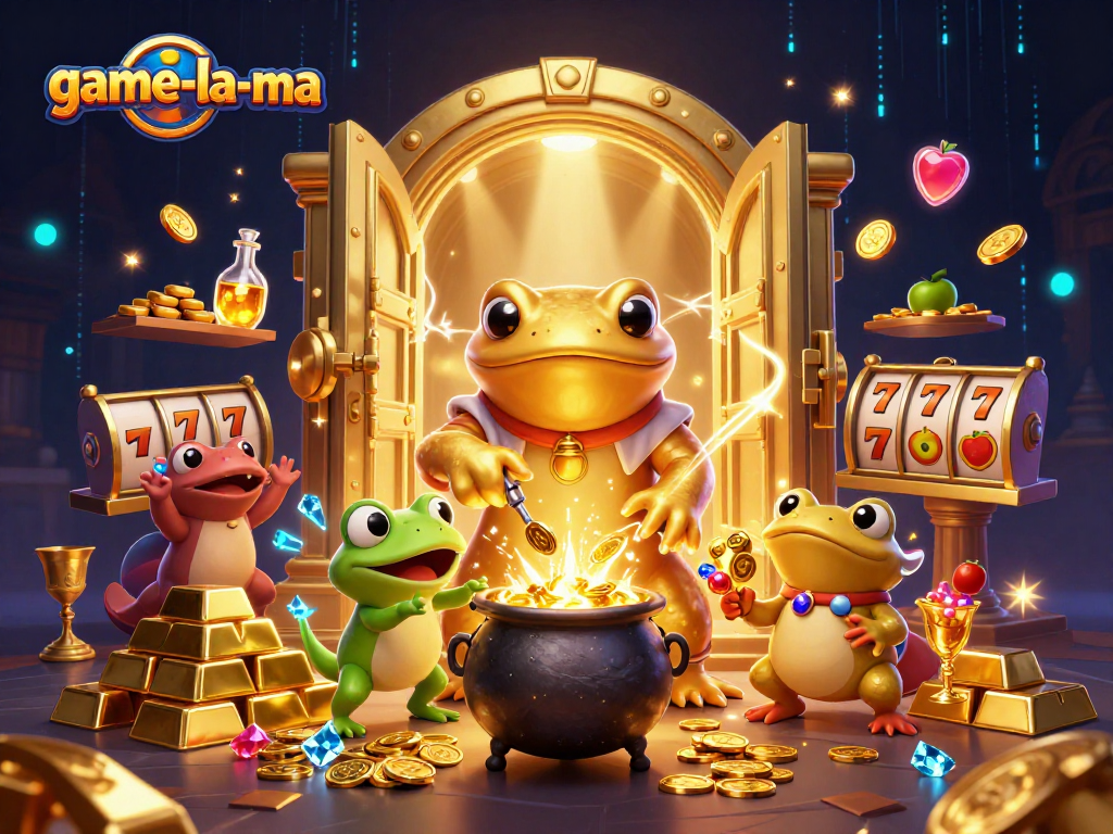 Play with excitement at game-la-ma slots, featuring magical elements and a golden alchemist scene.