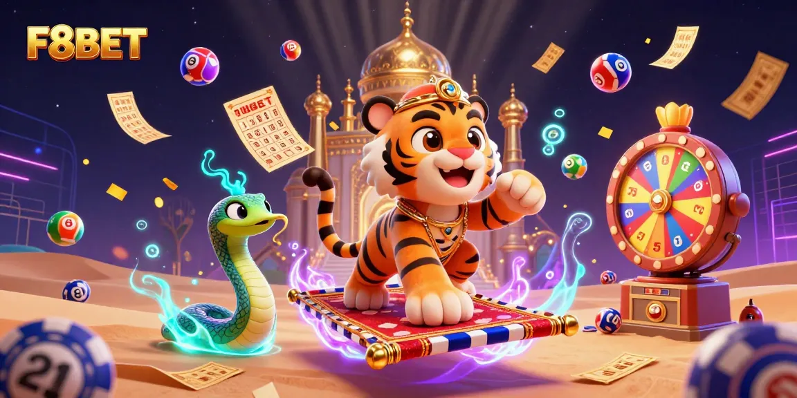 Engage with F8BET's exciting offerings amidst vibrant casino elements and a dynamic Arabian Nights theme.