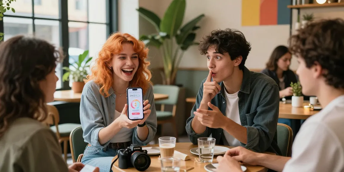 Group of friends enjoying the test of attractiveness in a cozy café, showcasing joyful expressions and mobile results.