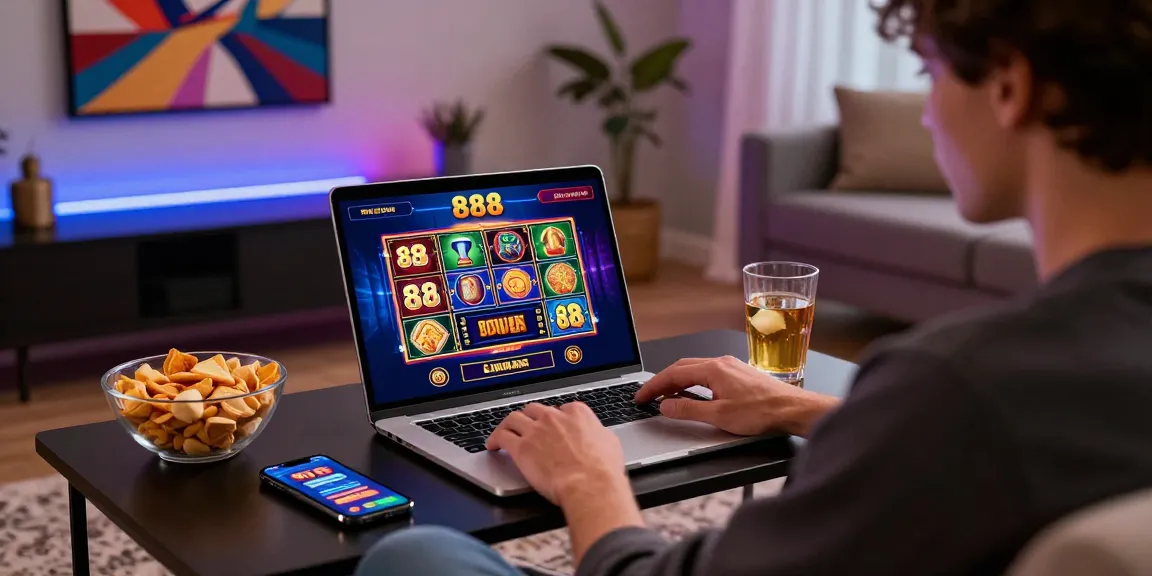 Player enjoying 888 slot gaming session at home with laptop and snacks