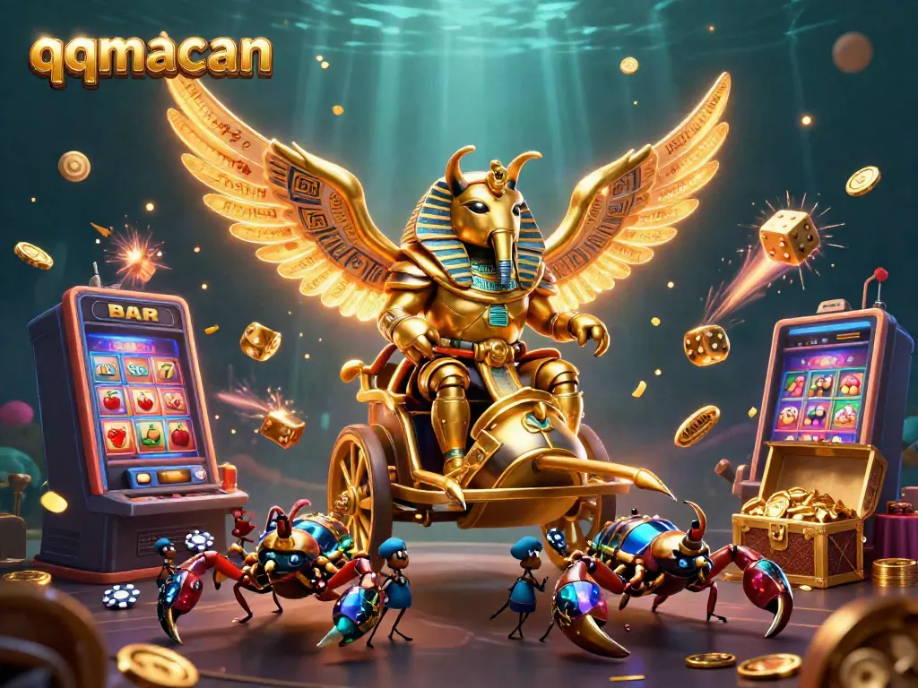 Engage with qqmacan's vibrant casino scene featuring a colossal golden scarab beetle amidst jackpots and games.