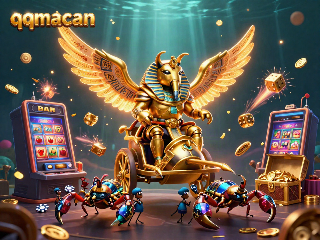 Engage with qqmacan's vibrant casino scene featuring a colossal golden scarab beetle amidst jackpots and games.