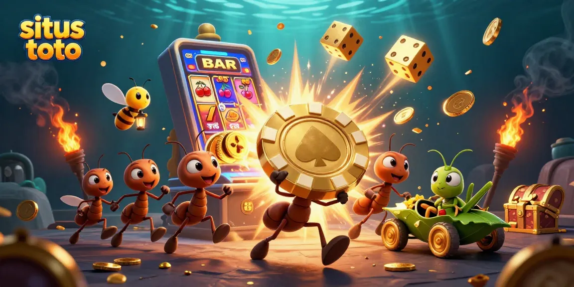 Experience excitement at situs toto with a dynamic scene of cartoon ants on a thrilling casino heist.