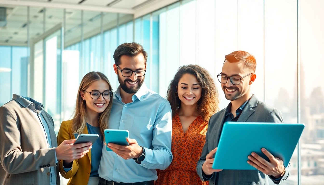 Illustration of Ai agents collaborating in a modern office setting highlighting teamwork.