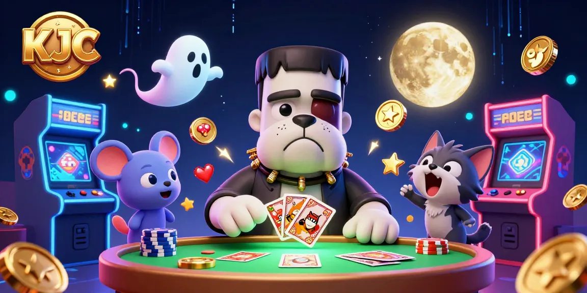 KJC players enjoy thrilling card games with a unique 3D illustration featuring lively characters and casino elements.