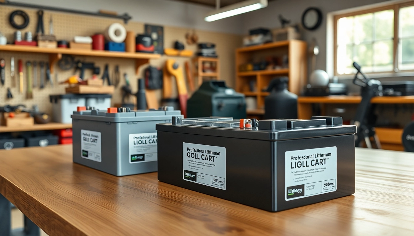 Showcasing lithium golf cart batteries on a workshop table, highlighting advanced technology and performance.
