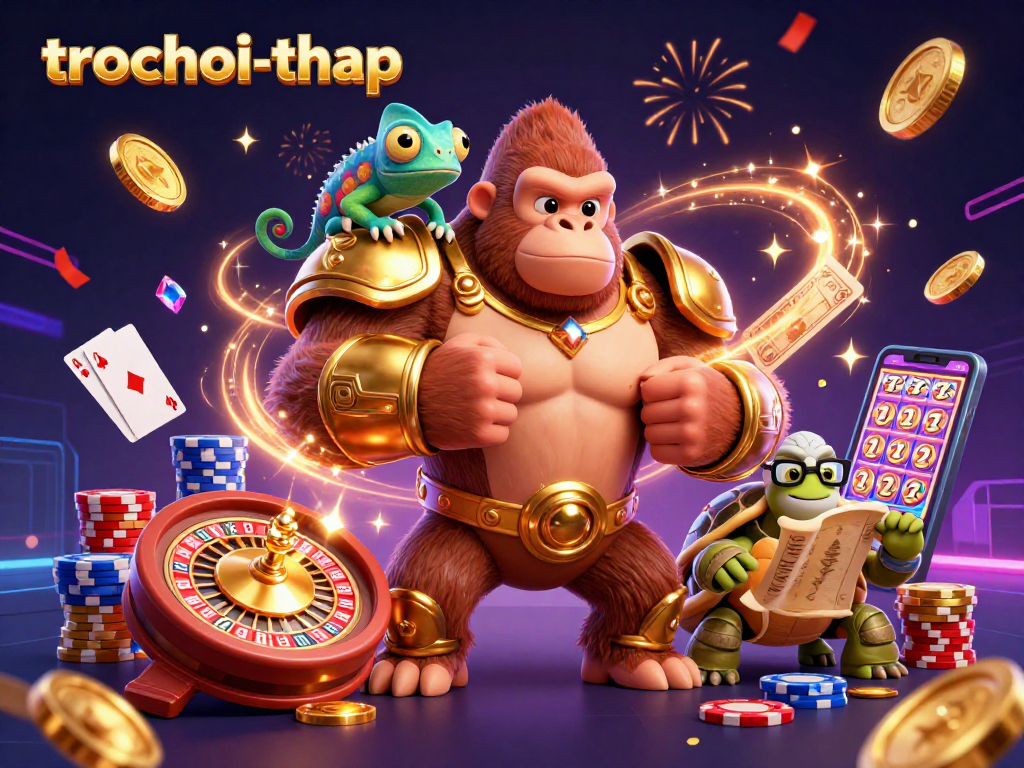 Experience thrilling gameplay in trochoi-thap with a vibrant scene of winning characters and casino elements.