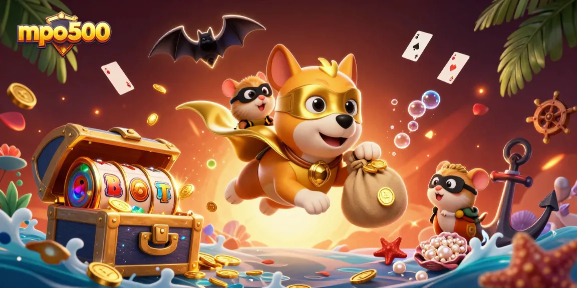 Experience the thrill of mpo500 gaming with our superhero dog and hamster in an exciting 3D casino illustration.