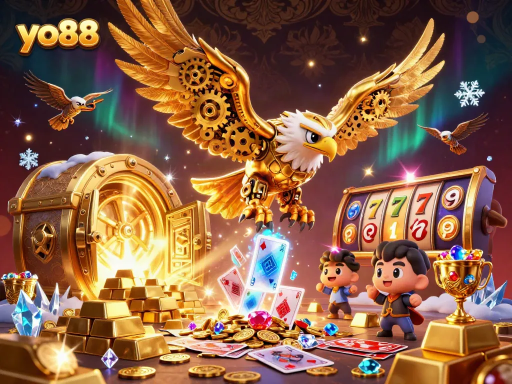 Engage with the thrilling world of yo88 as the golden eagle dives through holographic cards amidst treasures.