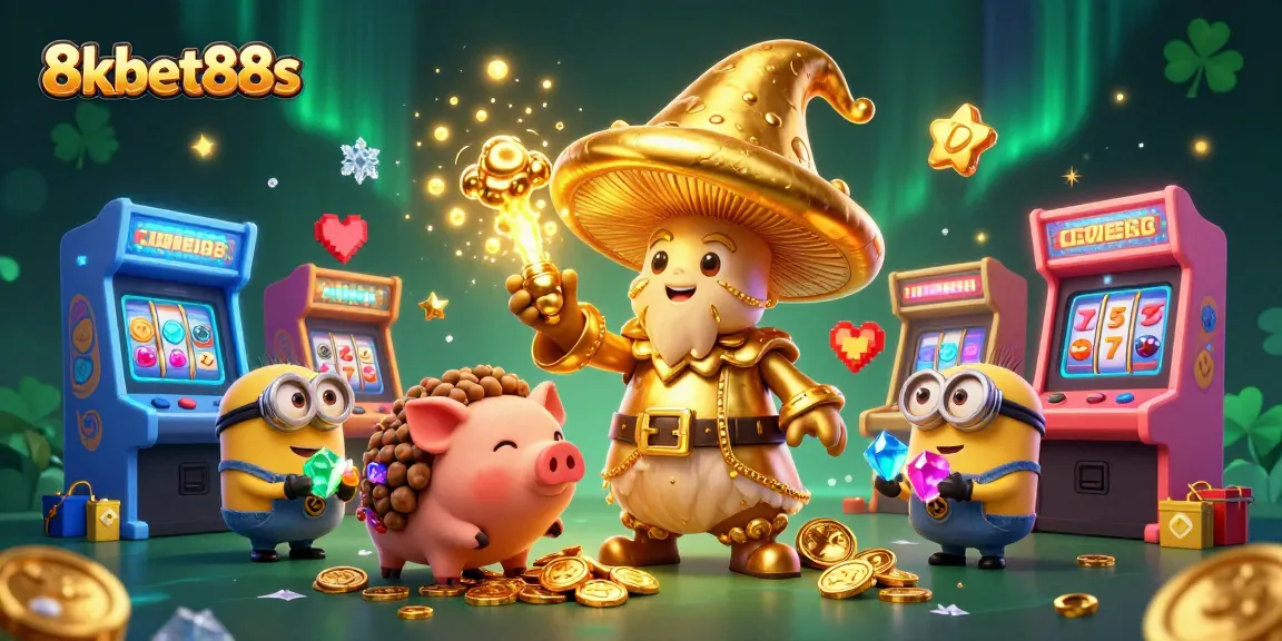Engage with the thrilling world of 8kbet88s, featuring a golden mushroom wizard and treasures in vivid detail.