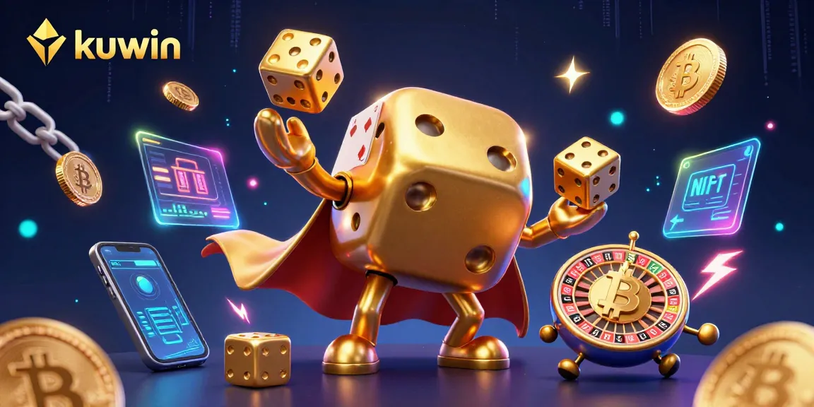 Kuwin showcases a golden dice golem surrounded by vibrant crypto elements, highlighting engaging betting themes.