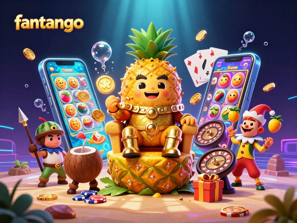 Experience fantango with an imaginative casino scene featuring a golden pineapple king and vibrant game elements.