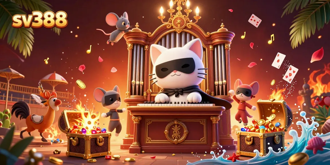 Sv388 showcases an immersive online cockfighting experience with a vibrant 3D illustration featuring a white cat playing the organ.