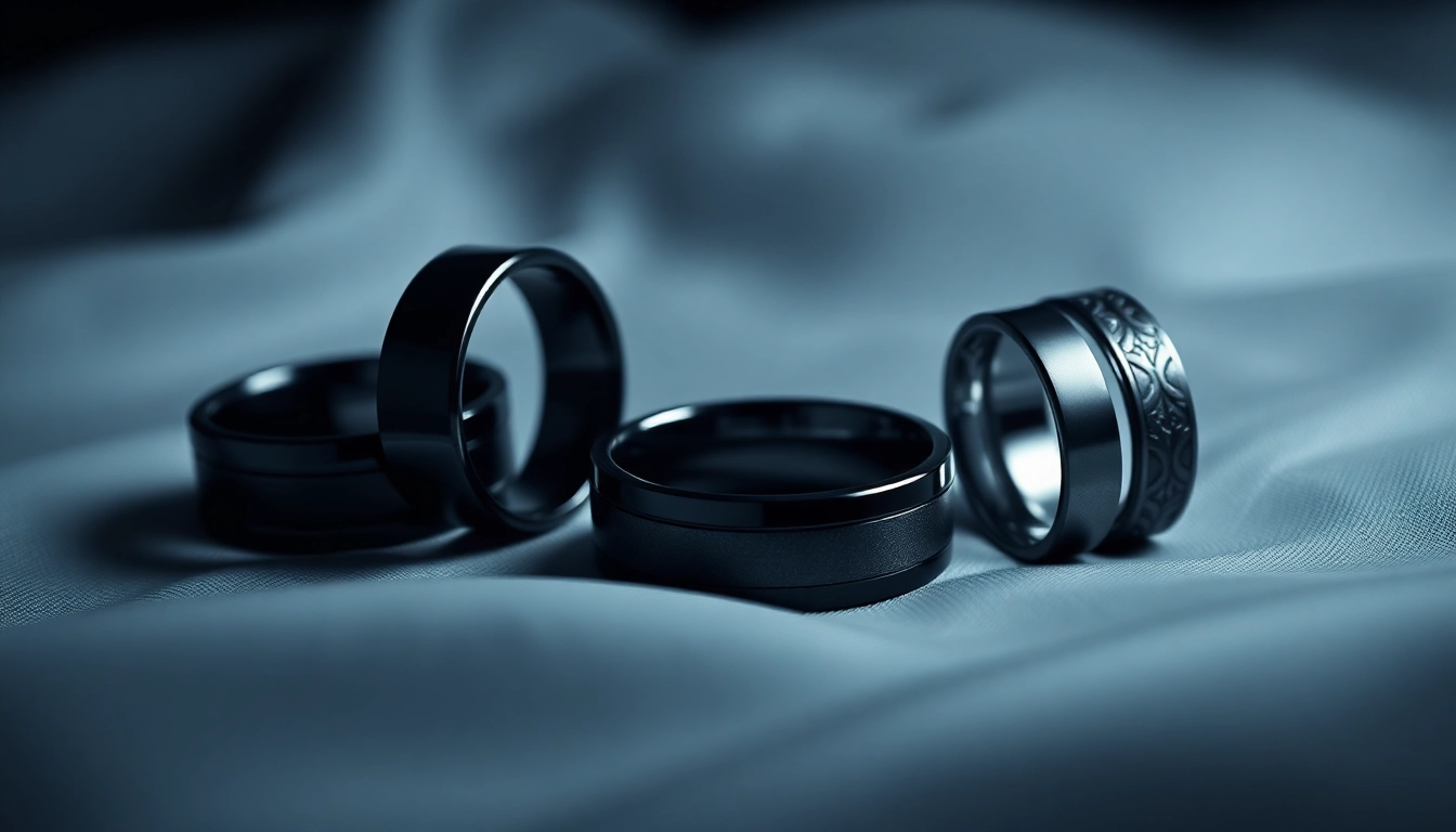 Showcasing luxurious black wedding rings for men with various designs and textures.