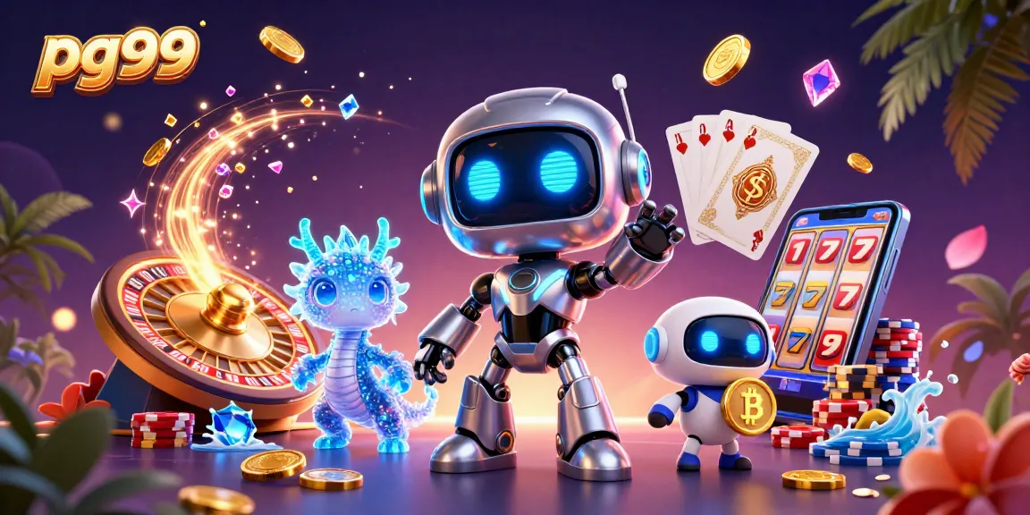 Experience thrilling gaming action at pg99 with vibrant robot mascots and dazzling casino elements.