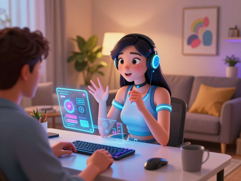NSFW AI girlfriend interaction in a cozy workspace setting with digital displays.