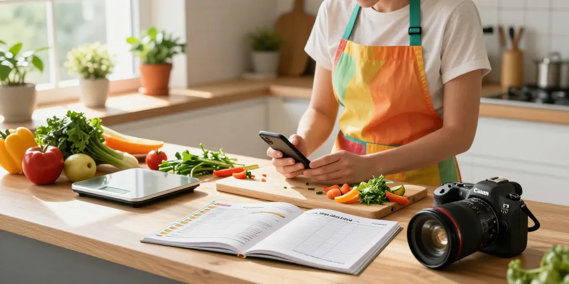 Discovering the best food tracking app with a home cook logging meals in a sunny kitchen.