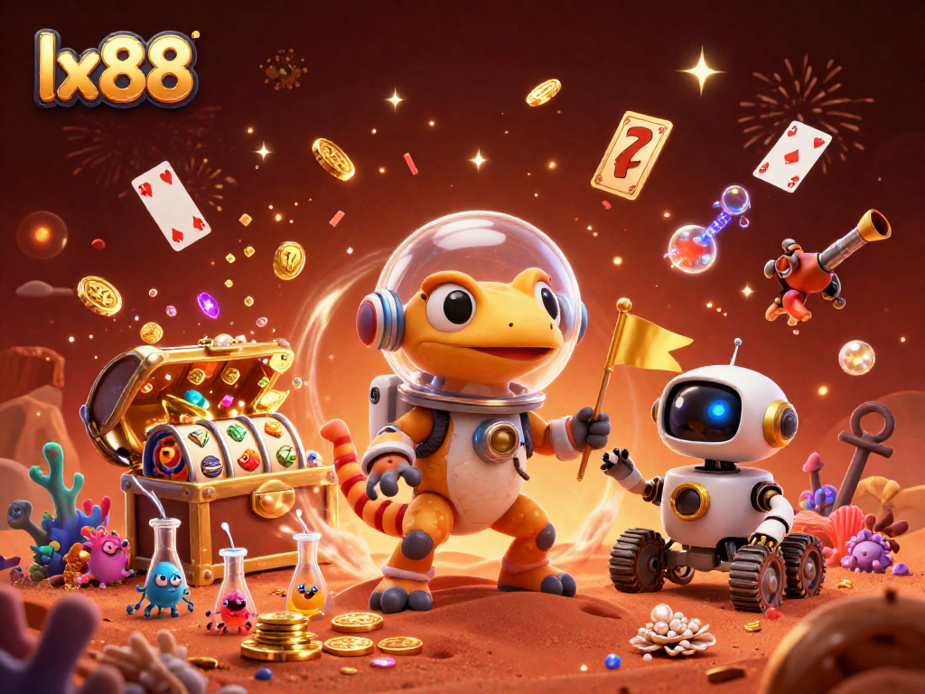 Experience exciting gaming at lx88 with Martian geckos and floating slot reels in a vibrant 3D illustration.