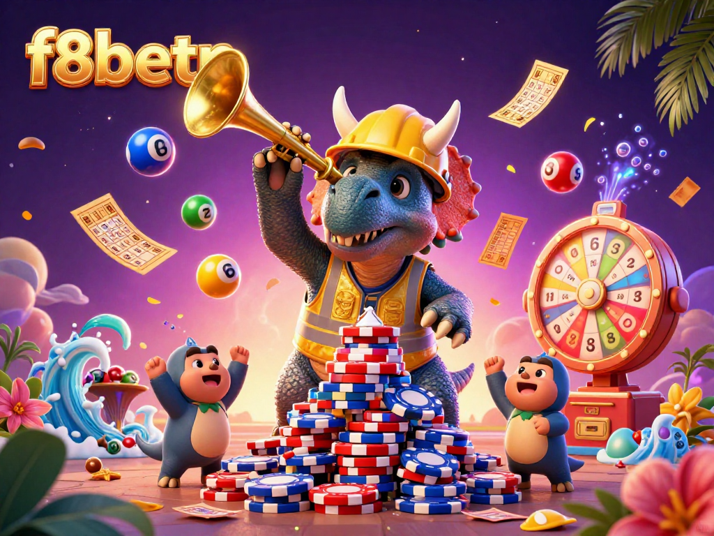 Play and win at f8betn with a vibrant 3D casino scene featuring characters celebrating with lottery elements.