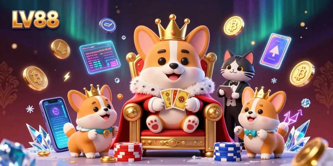 Experience LV88's royal gaming thrill with a crowned corgi surrounded by crypto elements in a vibrant casino scene.