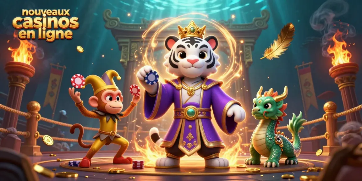 Explorez les nouveaux casinos en ligne avec un tigre blanc élégant et un singe jongleur vibrant.