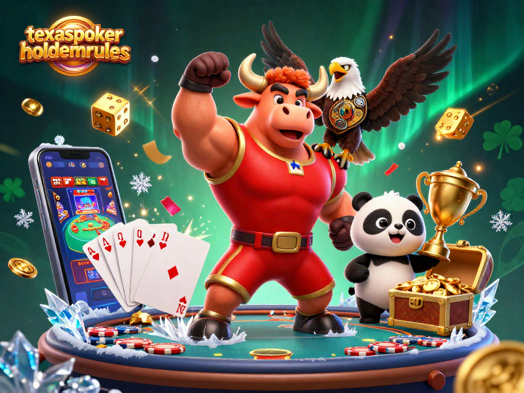 Engage with texaspokerholdemrules in a vibrant scene showcasing a bull, eagle, and panda amid a dynamic poker atmosphere.